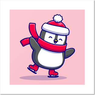 Cute Penguin Ice skating With Scarf Cartoon Posters and Art